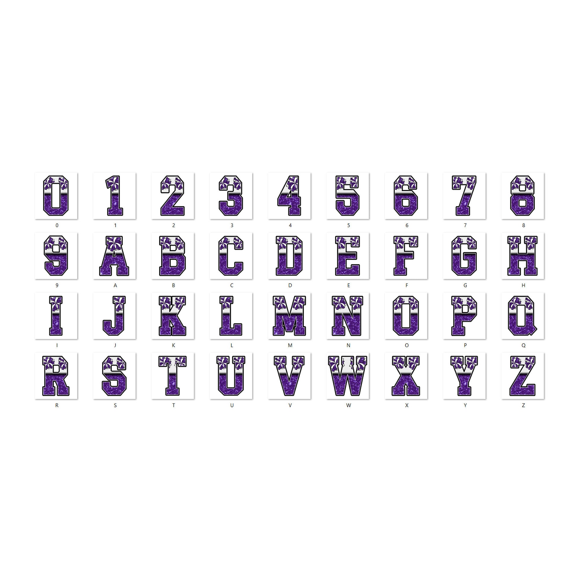 Cheer Letters PNG Bundle: Purple Glitter Alphabet, Sports Doodle Font ...