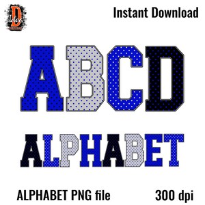 May include: A digital design featuring the letters ABCD in a collegiate style, with blue and gray polka dot patterns. The word ALPHABET is below, also in a similar style. Text includes "Instant Download", "ALPHABET PNG file", and "300 dpi".