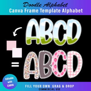 Pode incluir: Design digital do alfabeto com as letras ABCD em dois estilos. A fila superior apresenta um design de céu e grama, a fila inferior padrões florais, listrados, de morango e xadrez. O texto inclui "Doodle Alphabet" e "Canva Frame Template Alphabet."