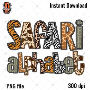 Pacote Safari Animals Skin Bordado letras do alfabeto falso, estampa de leopardo, padrão animal, zoológico PNG, letras de sublimação digital