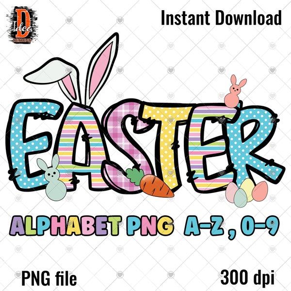Easter Alphabet doodle Letters PNG Bundle , Bunny, Easter Eggs, Alpha Bundle & Accessories , Sublimation Alpha Set , Commercial Use