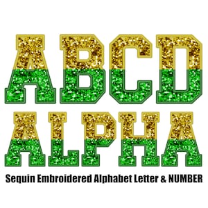 Lentejuelas Falsa brillo amarillo y verde Letras del alfabeto bordado y conjunto de números, PNG alfa cosido, sublimación digital, descarga instantánea