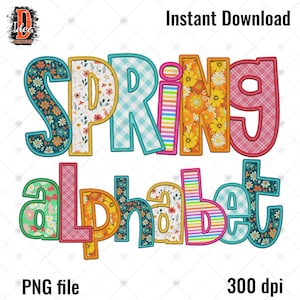 Paquete PNG de letras del alfabeto de bordado falso de flores de primavera, alfabetos florales de primavera coloridos, conjunto alfa de sublimación, uso comercial