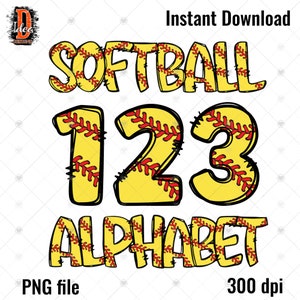 Paquete PNG de letras y números del alfabeto de doodle de softbol, fuente de doodle de softbol, letras de doodle de deportes de softbol, conjunto alfa de sublimación