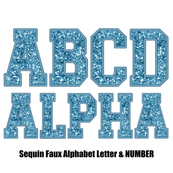 Sequin Faux Baby Blue glitter Embroidered Alphabet letters and number Set Clipart , Alpha PNG , digital Sublimation , Instant Download
