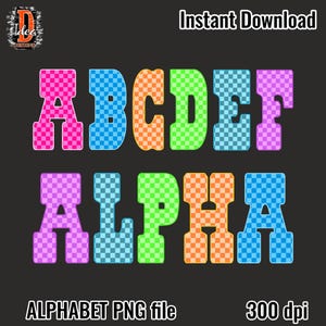以下が含まれることがあります： ピンク、青、オレンジ、緑、紫のチェック柄のカラフルなアルファベット。 「ALPHA」の文字も表示されています。 画像には、黒い背景に「Instant Download」、「ALPHABET PNG file」、「300 dpi」というテキストが含まれています。