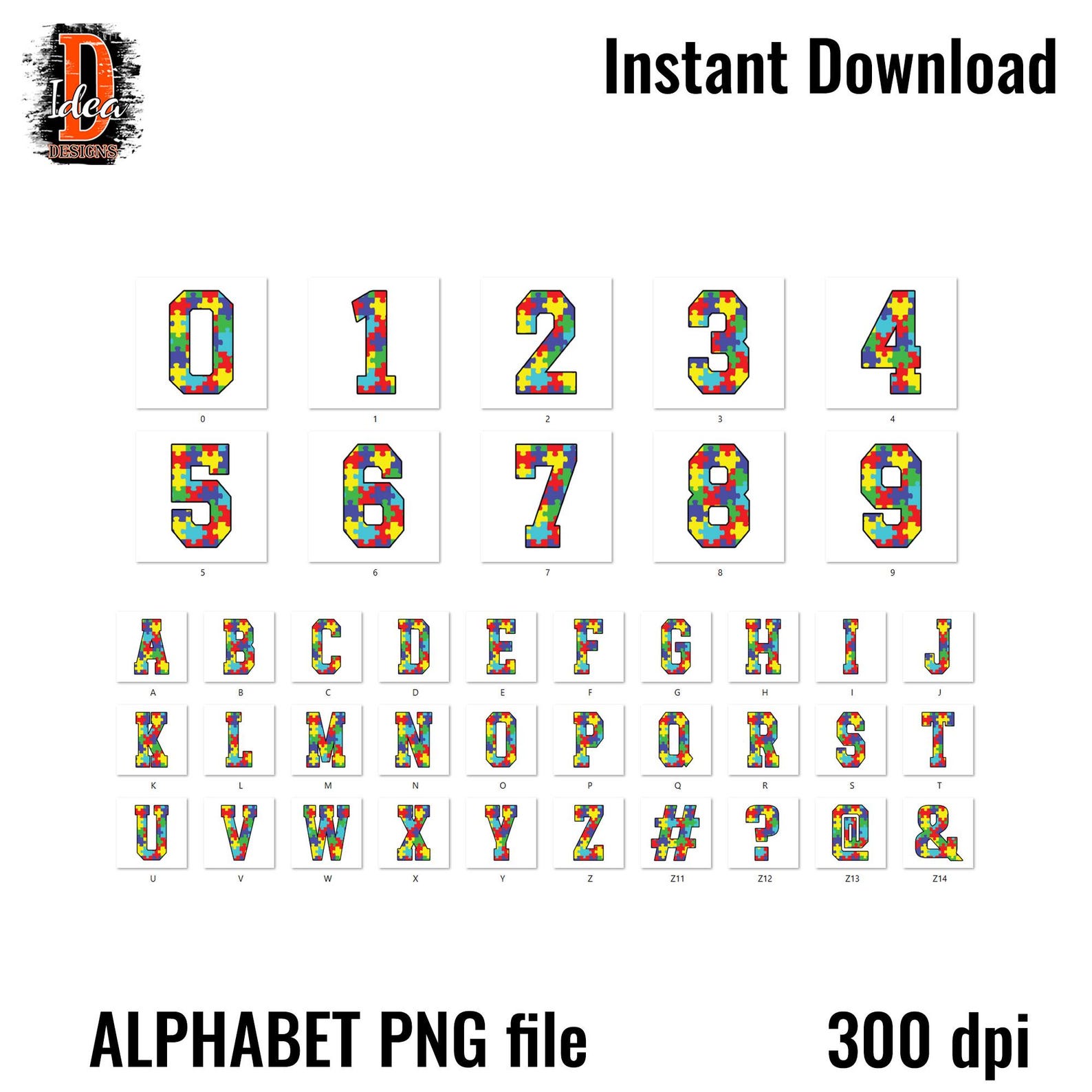 Autism Awareness Alphabet & Numbers PNG: Puzzle Letter Sublimation ...