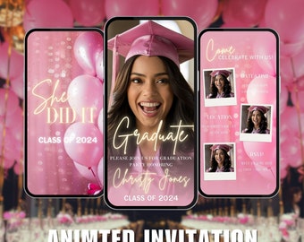 Pink Graduation Party Invitation Video: Digital Grad Invite (Canva)