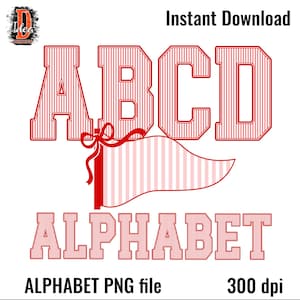 May include: A digital graphic featuring the letters ABCD in a red and white vertical striped pattern with a red outline. Below the letters is a red and white striped pennant flag with a red bow. The word ALPHABET appears below in red.