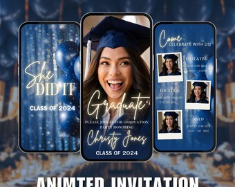 Navy Blue Grad Einladungskarte Video: Digital Save the Date (Canva)