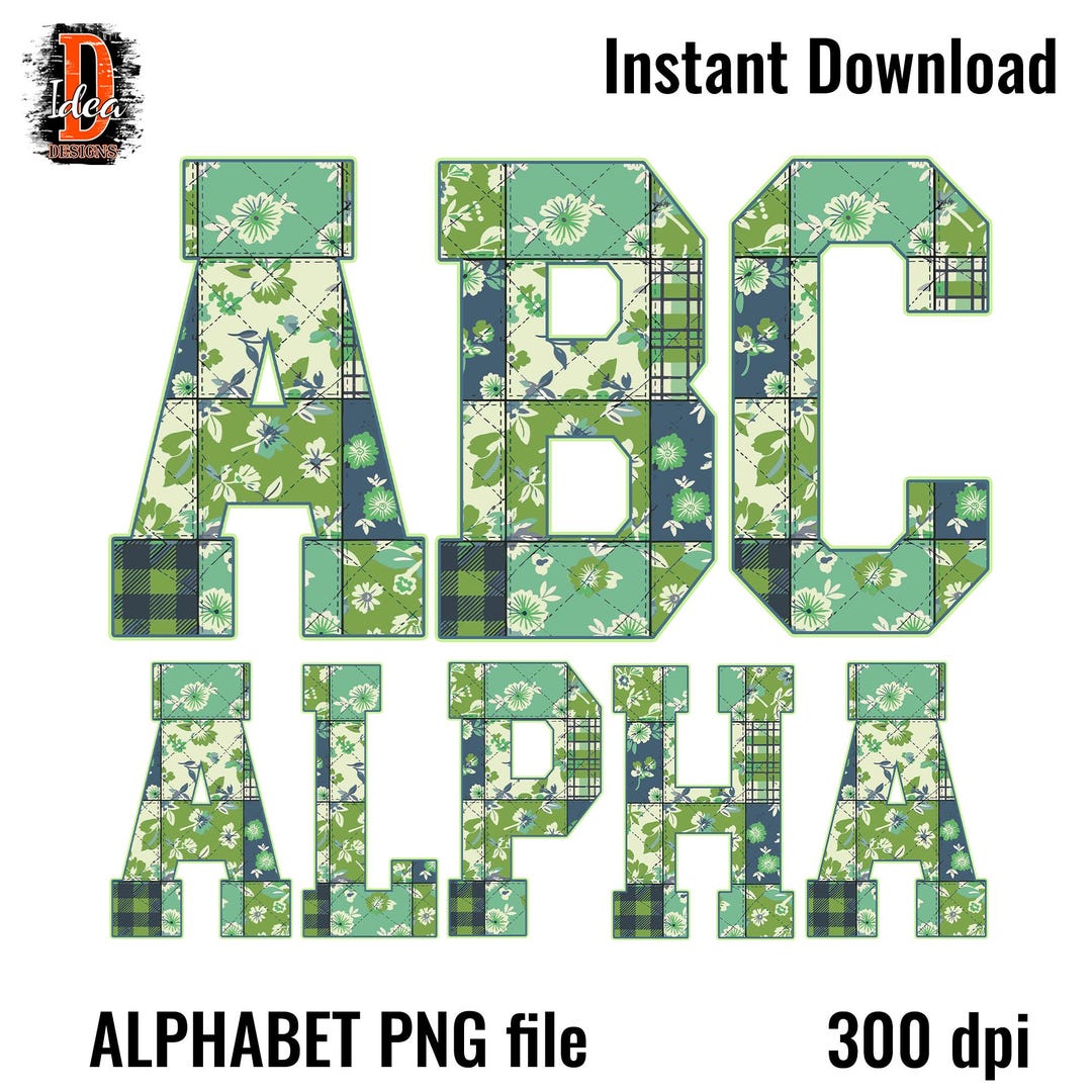 Patchwork Floral Alphabet PNG A–Z & 0–9, Green Vintage Quilt Letters ...