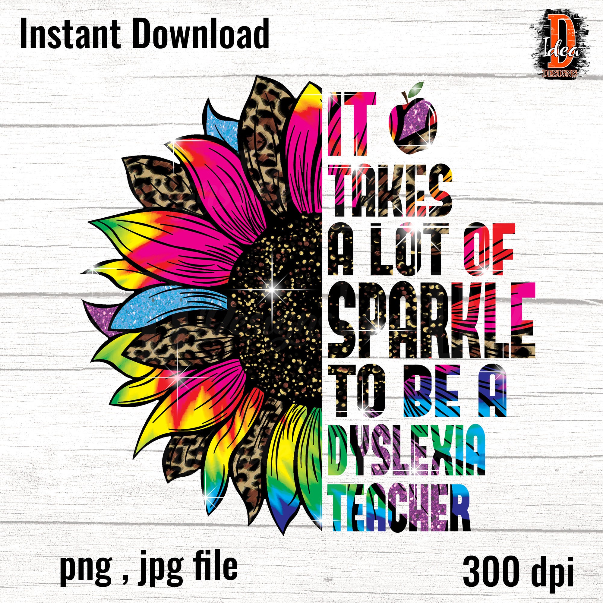 Dyslexia Teacher Sunflower Leopard PNG: Colorful Sparkle Design (Digital  Download), image size:2000x2000
