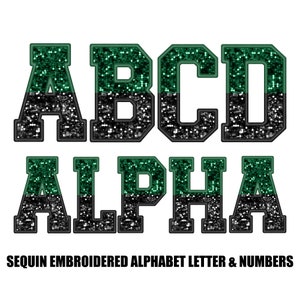 Sequin Faux Green and Black glitter Embroidered Alphabet letters & number Set , Stitched Alpha PNG ,digital Sublimation, Instant Download