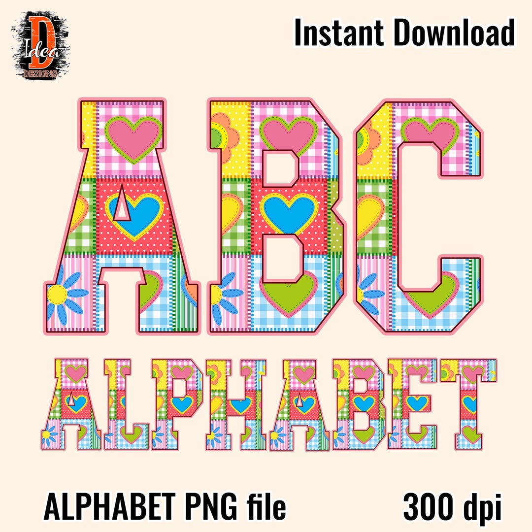 Patchwork Alphabet PNG Bundle, Colorful Heart Letter Set, Quilted ABC ...