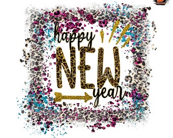 Leopard Happy New Year PNG: Glitter Sublimation Design (Digital Download)