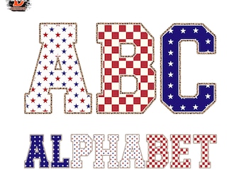 Patriotic Varsity Alphabet PNG Bundle A-Z 0-9, USA Stars Checkerboard Letters, Leopard Outline Font, 4th of July Sublimation