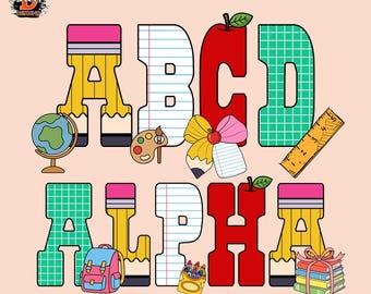 School Alphabet Doodle Letters & Numbers PNG Clipart, Teacher Coquette Bow (Digital Download)