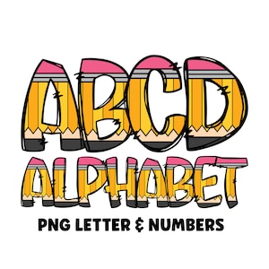 Sublimação de letras e números escolares PNG, Lápis Alpha Doodle, De volta às aulas, Lápis desenhado à mão Doodle, Alpha Pack Digital Download
