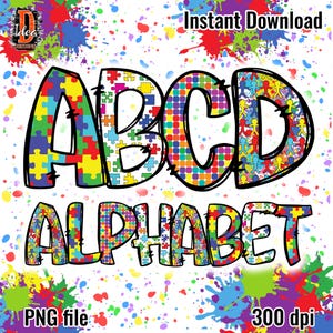 Letras del alfabeto y números de doodle de autismo sublimados PNG, descarga de diseño de sublimación de autismo, letras de rompecabezas, cinta de concientización sobre el autismo PNG
