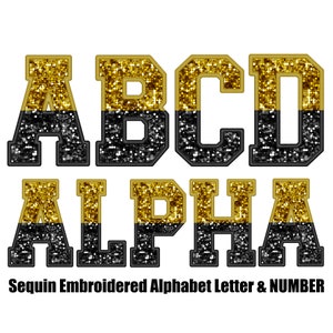 Sequin Embroidered Alphabet & Number Set: Gold and Black (Digital Download)