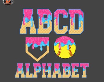 Cream Drip Softball Stitch Alphabet & Numbers PNG Bundle (Digital Download)