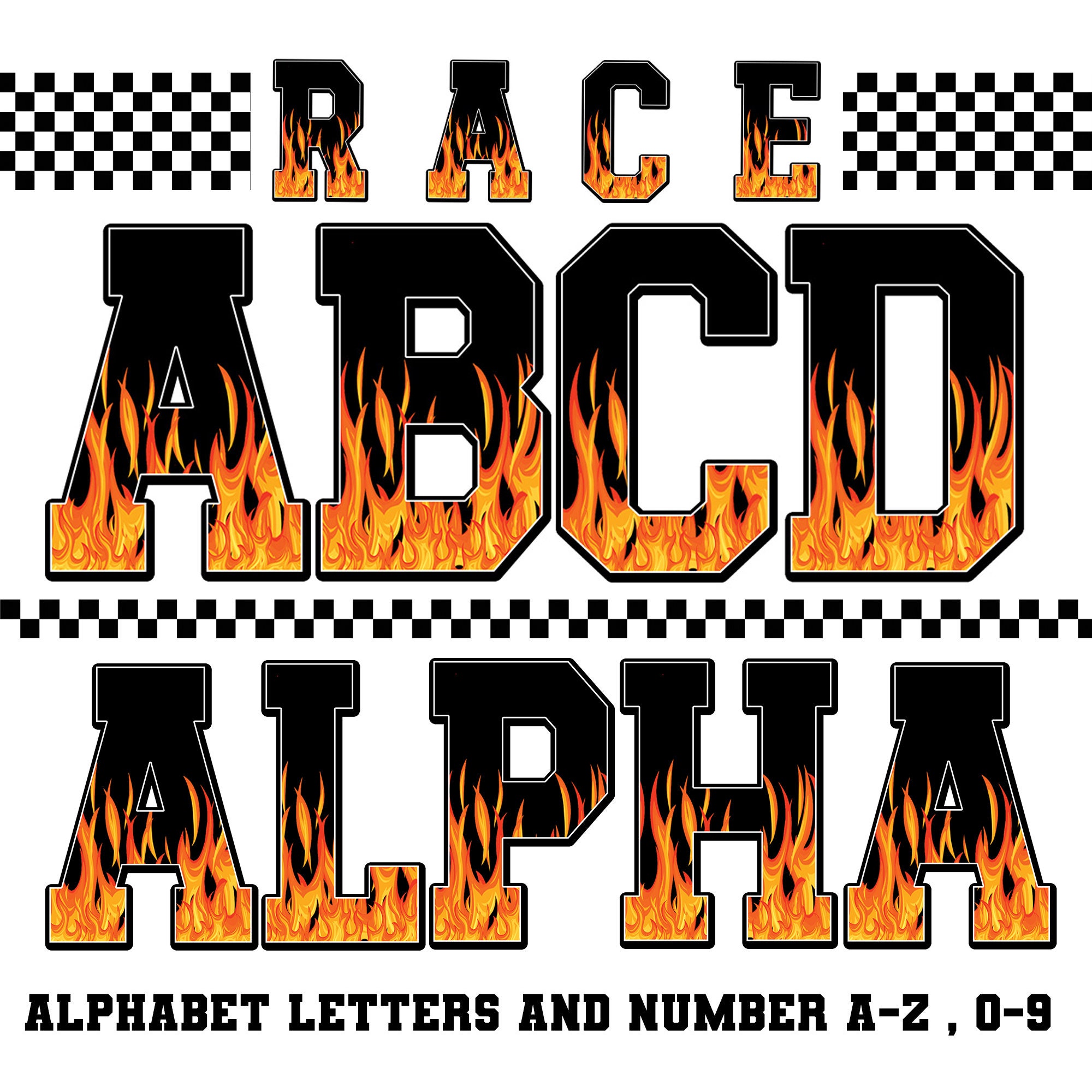 Letras e números de corrida de fogo, alfabeto de sublimação Png, letras do alfabeto, números de corrida, conjunto de corrida Alpha, download instantâneo