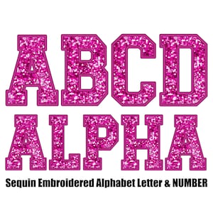 Pink Sequin Faux Embroidered Alphabet letters and number Set Clipart , Stitched Alpha PNG , digital Sublimation , Instant Download