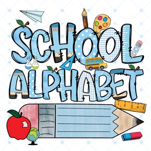Alfabeto escolar Doodle Letras y números Sublimación PNG, Blue Alpha Doodle, Regreso a la escuela, Útiles escolares Clipart, Descarga digital Alpha