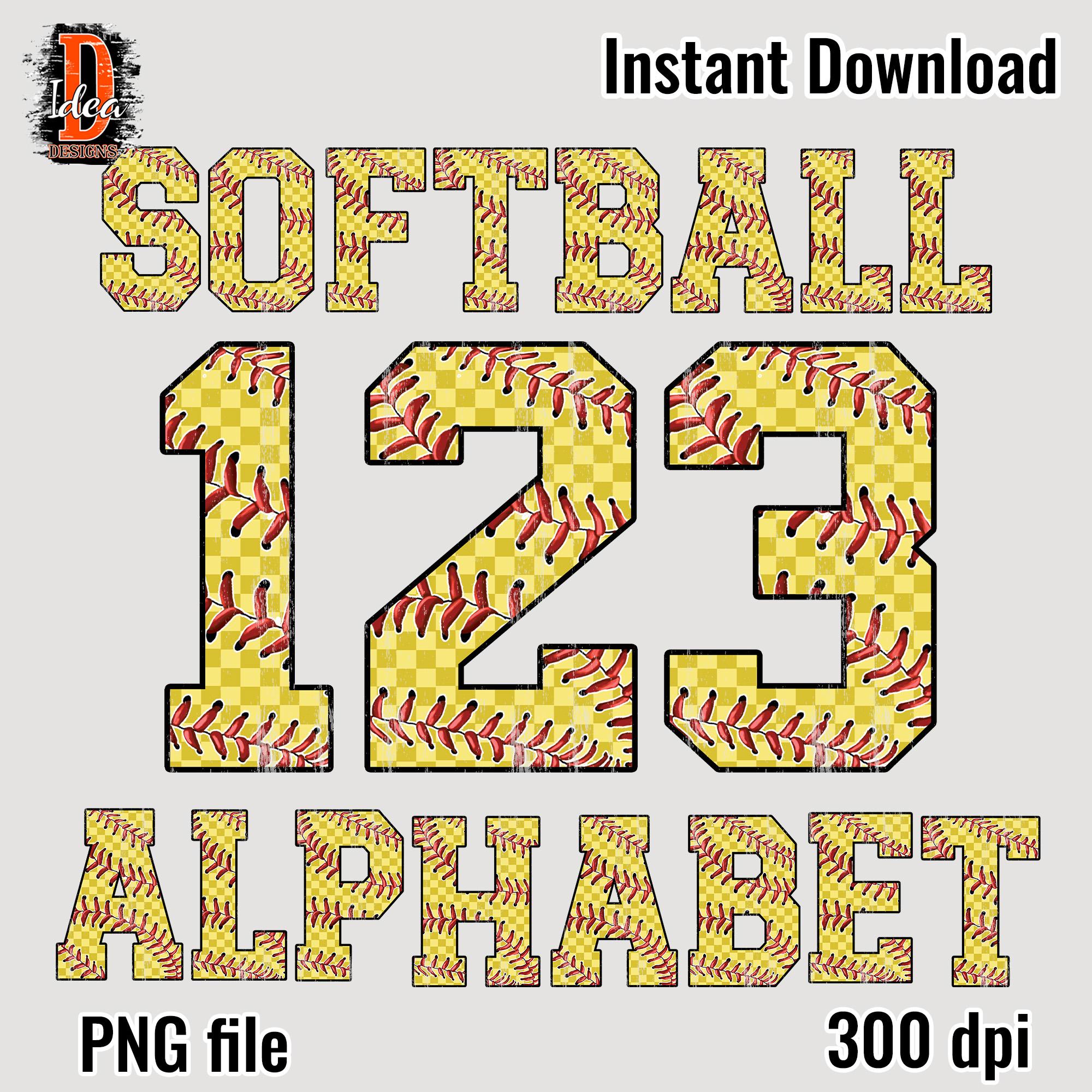 Softball Checkered distressed doodle Alphabet Letters & Number PNG Bundle, softball Sports Letters, bundle softball sublimation Alpha Set