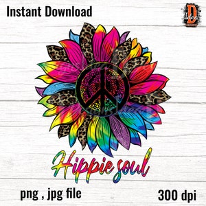 Hippie soul Sunflower Peace Love Hippie sign  Sublimation Png , Tie dye Leopard Sunflower, Colorful Designs, Sunflower png, Digital Download