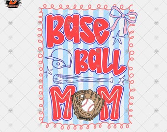 Baseball Mom PNG, Coquette Sublimation Design, Pink Blue retro Bow Baseball, Instant Download
