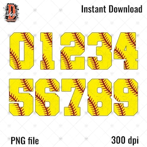 May include: A set of ten yellow and red softball numbers, 0 through 9, with a distressed, vintage look. The numbers are perfect for crafting projects, scrapbooking, or adding a sporty touch to your designs.