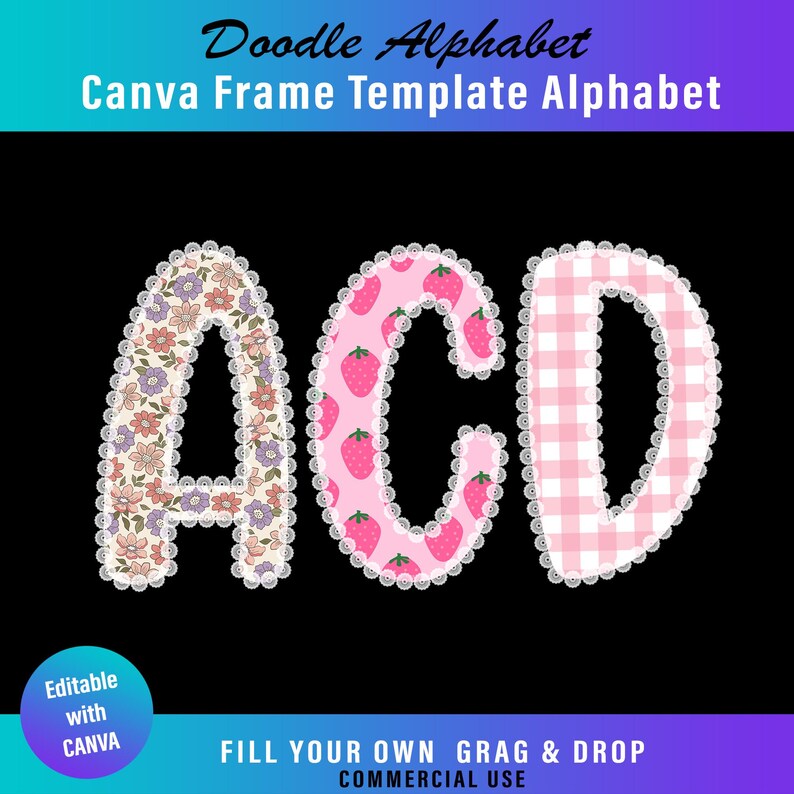 May include: The image displays the letters "A", "C", and "D" in a decorative alphabet style. The letters are filled with floral, strawberry, and gingham patterns, outlined with a white lace trim. The text "Doodle Alphabet" and "Canva Frame Template Alphabet" are at the top.