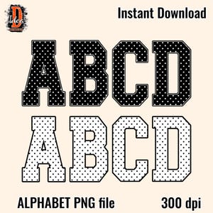 Stippenalfabet PNG-letters A–Z en 0–9, honkbalsport, kinderlettertype, digitale download, sublimatie