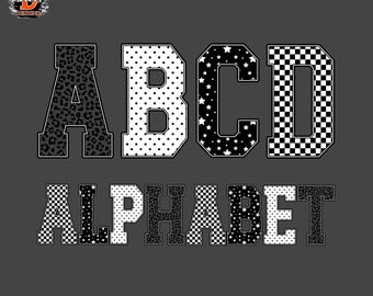 Black Leopard Safari Animal Print Alphabet: Polka dots, Checkered, Zoo Varsity sport Letters (PNG Digital Download)