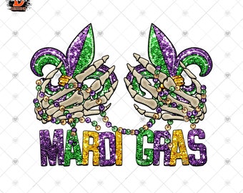 Mardi Gras Skeleton Hands Fleur De Lis PNG: Glitter Sequin Design (Digital Download)