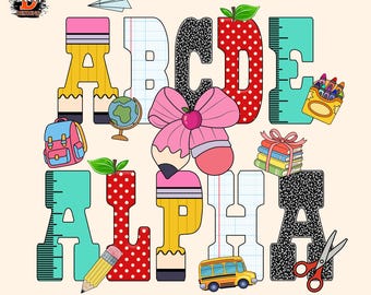 School Alphabet Doodle Letters & Numbers PNG Clipart (Digital Download)