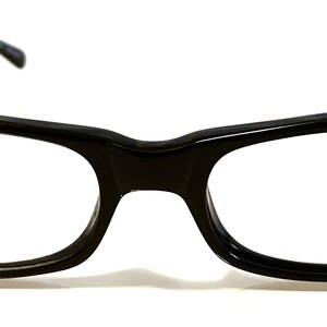 May include: Black rectangular eyeglasses with a classic design.