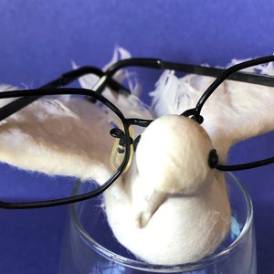 May include: Black framed glasses with a white, fluffy bird figurine perched on the bridge of the glasses. The bird is sitting in a clear glass.