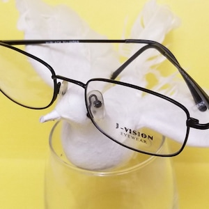 Puede incluir: Gafas de metal negro con montura y lentes transparentes. Las gafas están apoyadas en una figurita de pájaro blanco. El nombre de la marca "J-VISION EYEWEAR" está impreso en la montura.