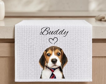 Custom Cats Dogs Lover Dish Towels, Personalized Linen Waffle Tea Towel, Pet Portrait Kitchen Towels, Kitchen Deocr, Xmas, Housewarming Gift