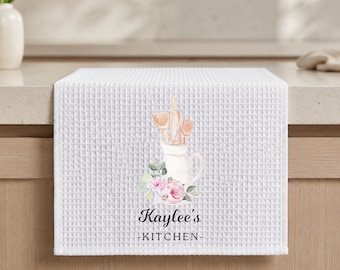Personalized Hanging Kitchen Dish Towel, Mom's Kitchen Tea Towel, Custom Waffle Dishcloth, New Home Gift,  Housewarming Gift, Kitchen Decor