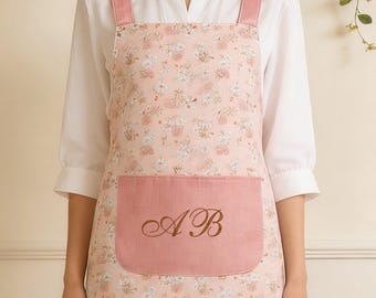 Personalized Embroidered Floral Cotton Apron | Kitchen Baking Apron | Gift for Mom Wife Grandma