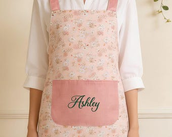 Custom Name Floral Cotton Apron | Kitchen Baking Apron | Gift for Mom Wife Grandma