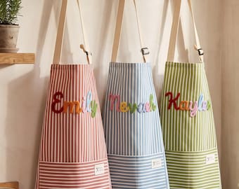 Personalized Embroidered Name Apron, Custom Striped Apron with Pockets, Chef Apron, Gift for Mom, Cooking Apron Gift for Her, Baking Gift