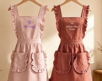 Striped Apron for Women, Kitchen Cooking Baking Gardening Embroidered  Cotton Apron with Pockets, Christmas Gift for Mom, Housewarming Gift