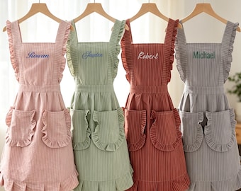 Personalized Embroidered  Apron for Women, Kitchen Cooking Baking Gardening Cotton Apron with Pockets, Christmas Gift for Mom, Striped Apron