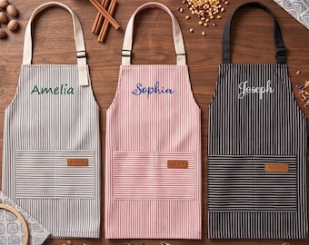 Custom Embroidered Toddler Apron, Personalized Kids Apron, Striped Apron with Pocket, Cooking Party, Baking, Xmas, Birthday Gift for Child