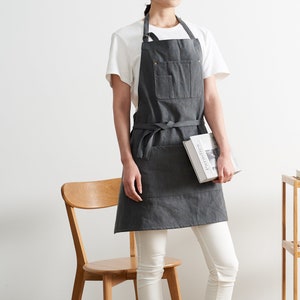 Custom logo No Distress Denim apron in Dark Gray cotton fabric, apron for adults, cotton fabric apron. adjustable neck strapgift for father image 1