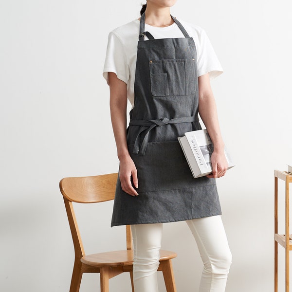 Custom logo No Distress Denim apron in Dark Gray cotton fabric, apron for adults, cotton fabric apron. adjustable neck strap，gift for father